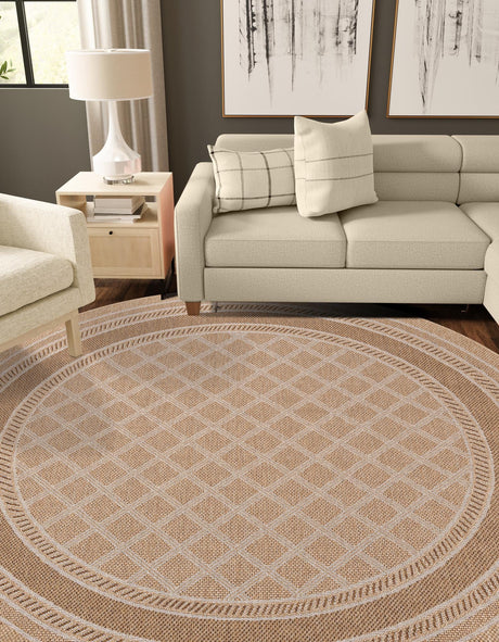 Natural 7' 10 x 7' 10 Outdoor Trellis Round Area Rug Weather Resistant for Patio, Deck, Terrace, Balcony, Porch Geometric Design Water Safe Outside Carpet for Sale at Rug Engine