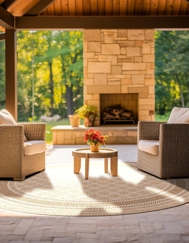 Natural 3' 3 x 3' 3 Outdoor Trellis Round Area Rug Weather Resistant for Patio, Deck, Terrace, Balcony, Porch Geometric Design Water Safe Outside Carpet for Sale at Rug Engine