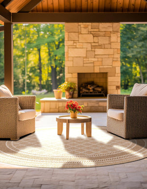 Natural 7' 10 x 7' 10 Outdoor Trellis Round Area Rug Weather Resistant for Patio, Deck, Terrace, Balcony, Porch Geometric Design Water Safe Outside Carpet for Sale at Rug Engine