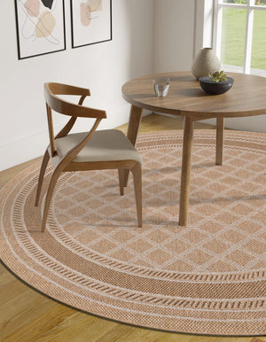 Natural 7' 10 x 7' 10 Outdoor Trellis Round Area Rug Weather Resistant for Patio, Deck, Terrace, Balcony, Porch Geometric Design Water Safe Outside Carpet for Sale at Rug Engine