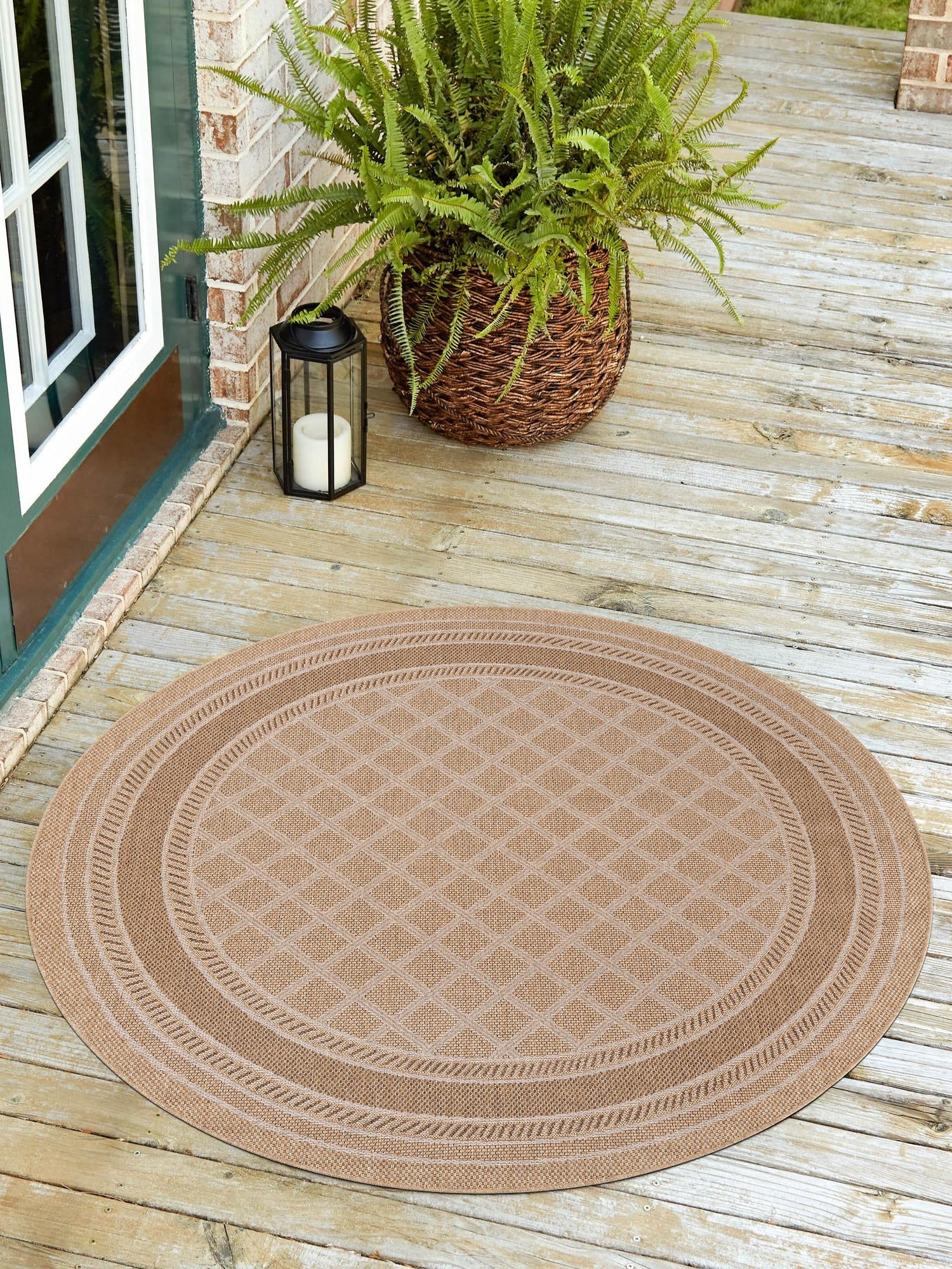 Natural 7' 10 x 7' 10 Outdoor Trellis Round Area Rug Weather Resistant for Patio, Deck, Terrace, Balcony, Porch Geometric Design Water Safe Outside Carpet for Sale at Rug Engine