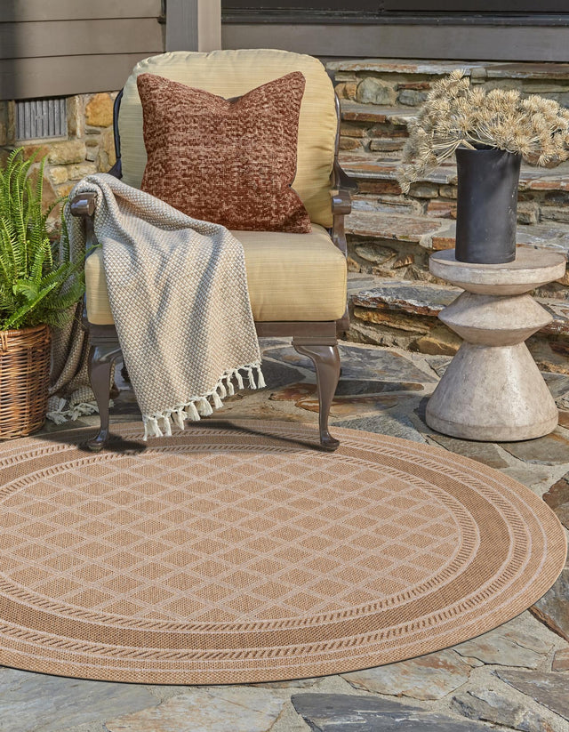 Natural 7' 10 x 7' 10 Outdoor Trellis Round Area Rug Weather Resistant for Patio, Deck, Terrace, Balcony, Porch Geometric Design Water Safe Outside Carpet for Sale at Rug Engine