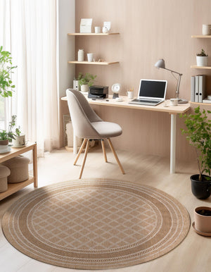 Natural 5' 1 x 5' 1 Outdoor Trellis Round Area Rug Weather Resistant for Patio, Deck, Terrace, Balcony, Porch Geometric Design Water Safe Outside Carpet for Sale at Rug Engine