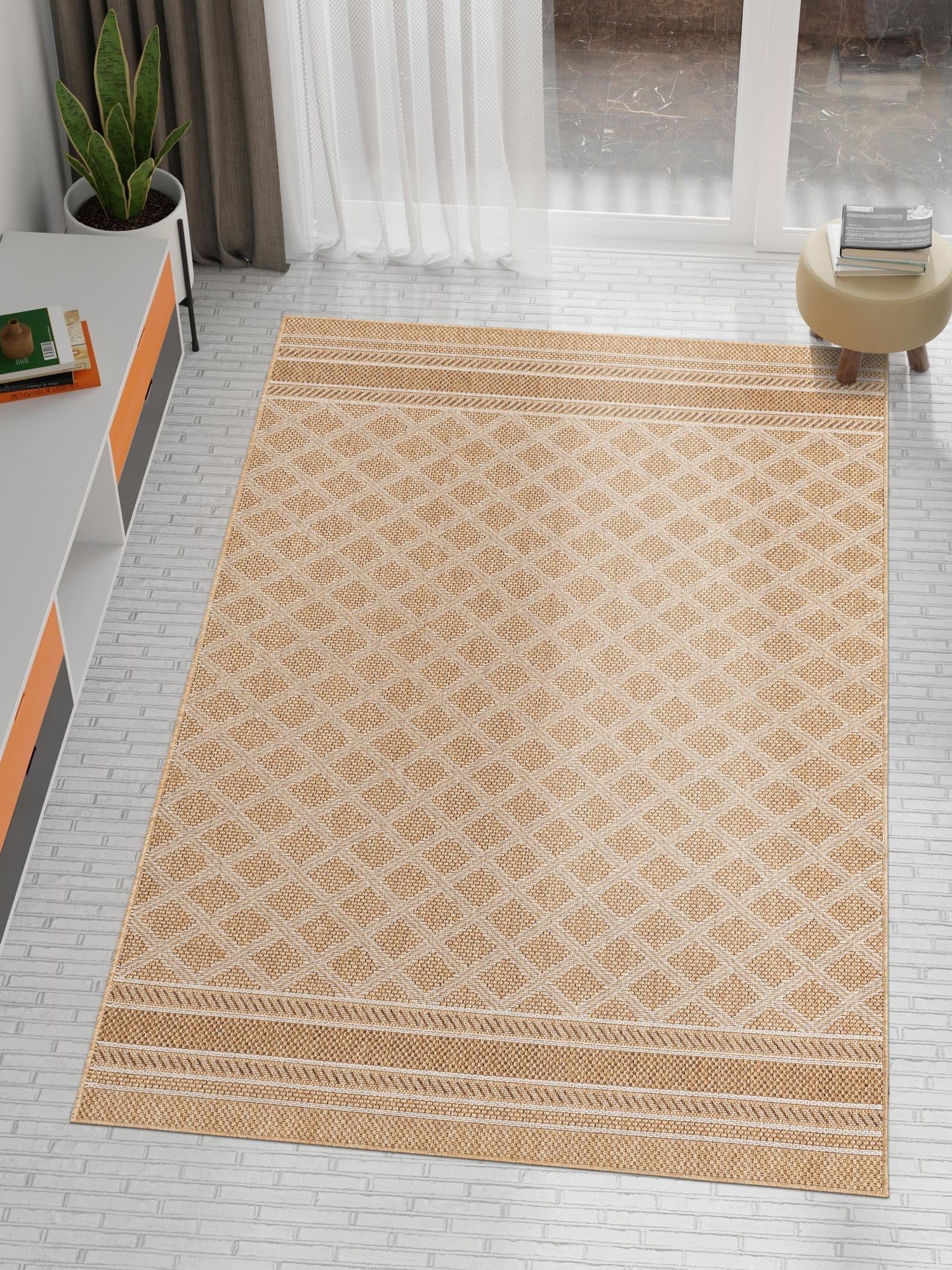 Natural 10' x 14' 1 Outdoor Trellis Rectangle Area Rug Weather Resistant for Patio, Deck, Terrace, Balcony, Porch Geometric Design Water Safe Outside Carpet for Sale at Rug Engine