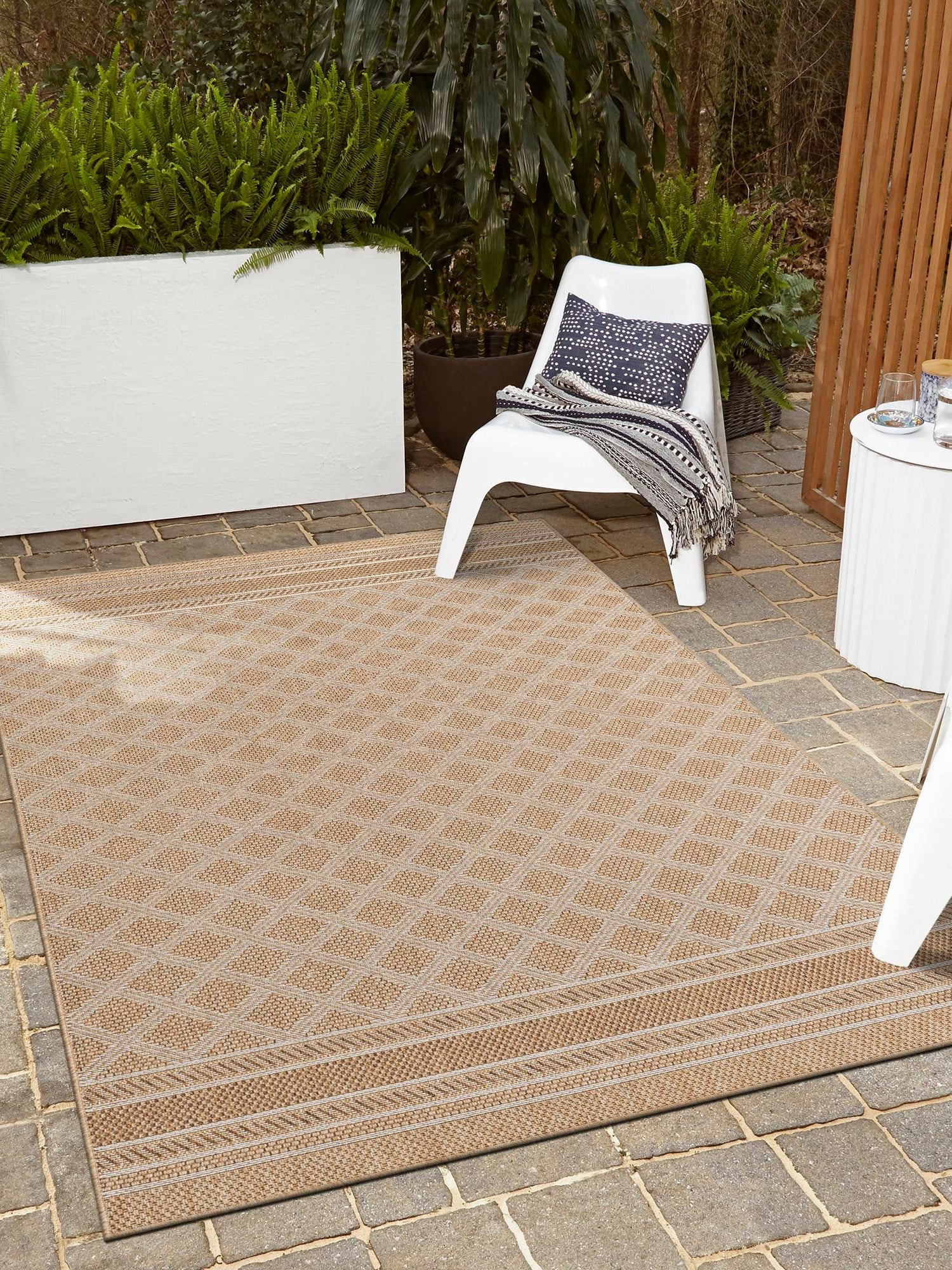 Natural 9' x 12' Outdoor Trellis Rectangle Area Rug Weather Resistant for Patio, Deck, Terrace, Balcony, Porch Geometric Design Water Safe Outside Carpet for Sale at Rug Engine