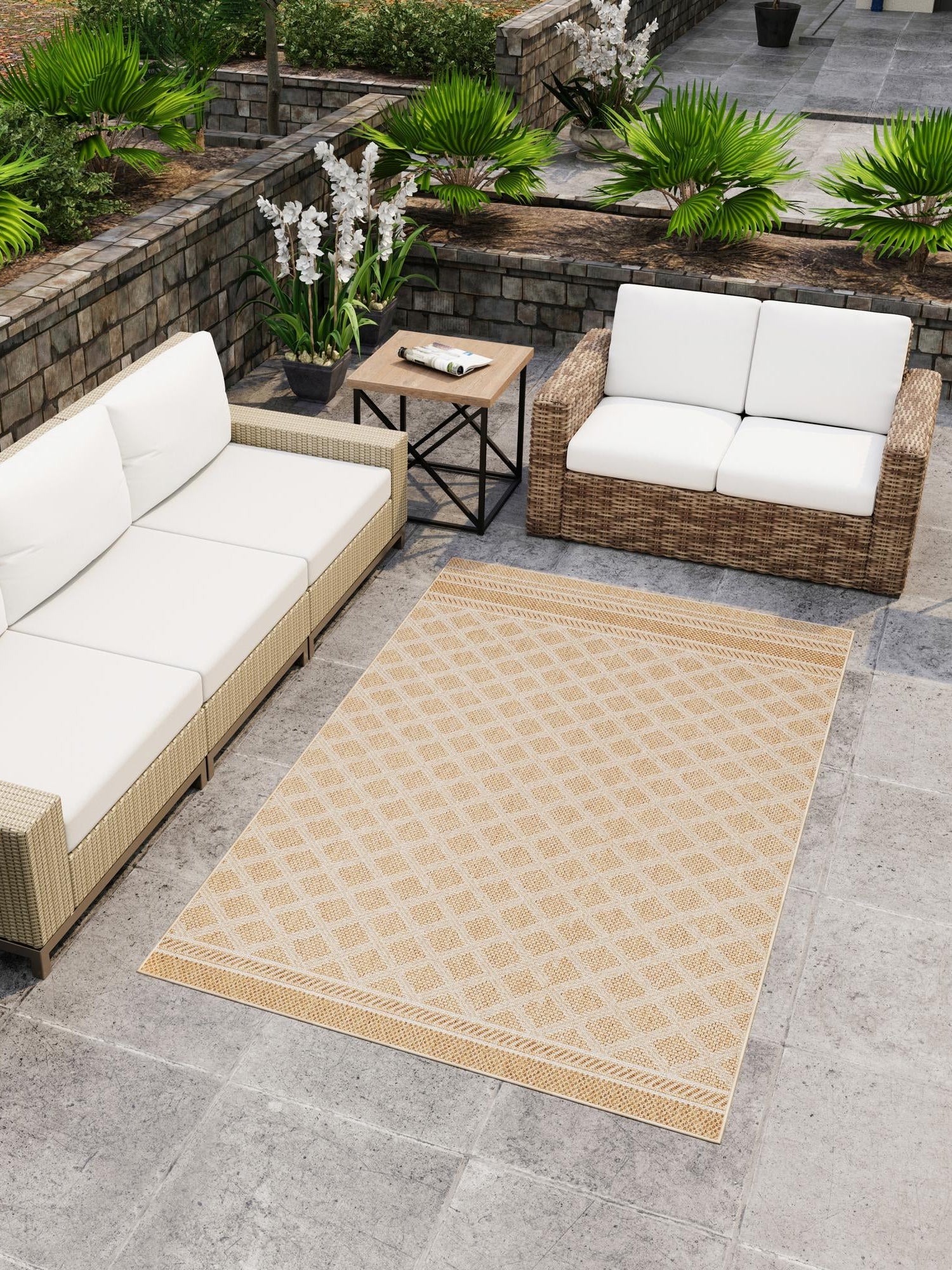 Natural 7' 1 x 10' Outdoor Trellis Rectangle Area Rug Weather Resistant for Patio, Deck, Terrace, Balcony, Porch Geometric Design Water Safe Outside Carpet for Sale at Rug Engine