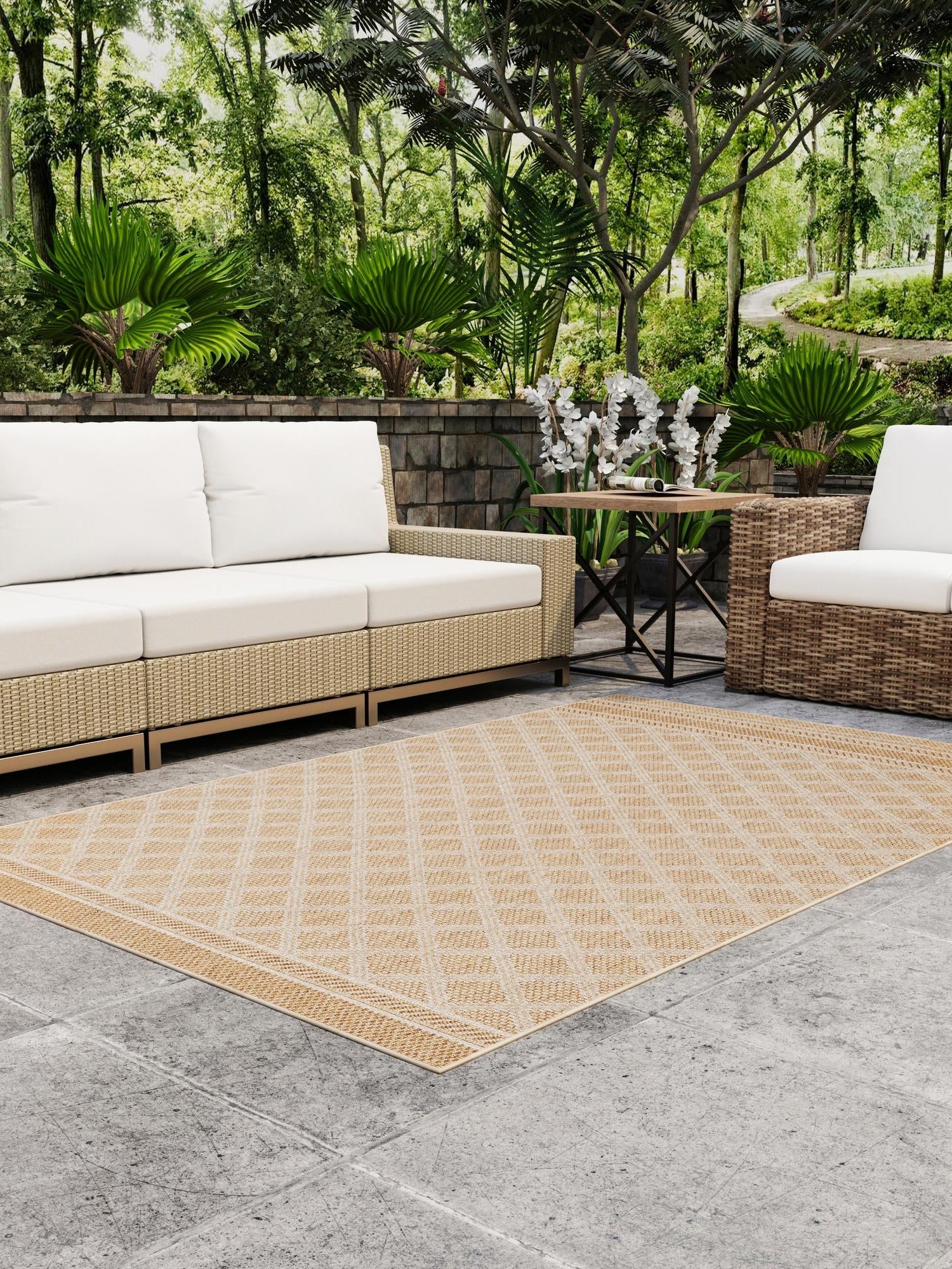 Natural 10' x 14' 1 Outdoor Trellis Rectangle Area Rug Weather Resistant for Patio, Deck, Terrace, Balcony, Porch Geometric Design Water Safe Outside Carpet for Sale at Rug Engine