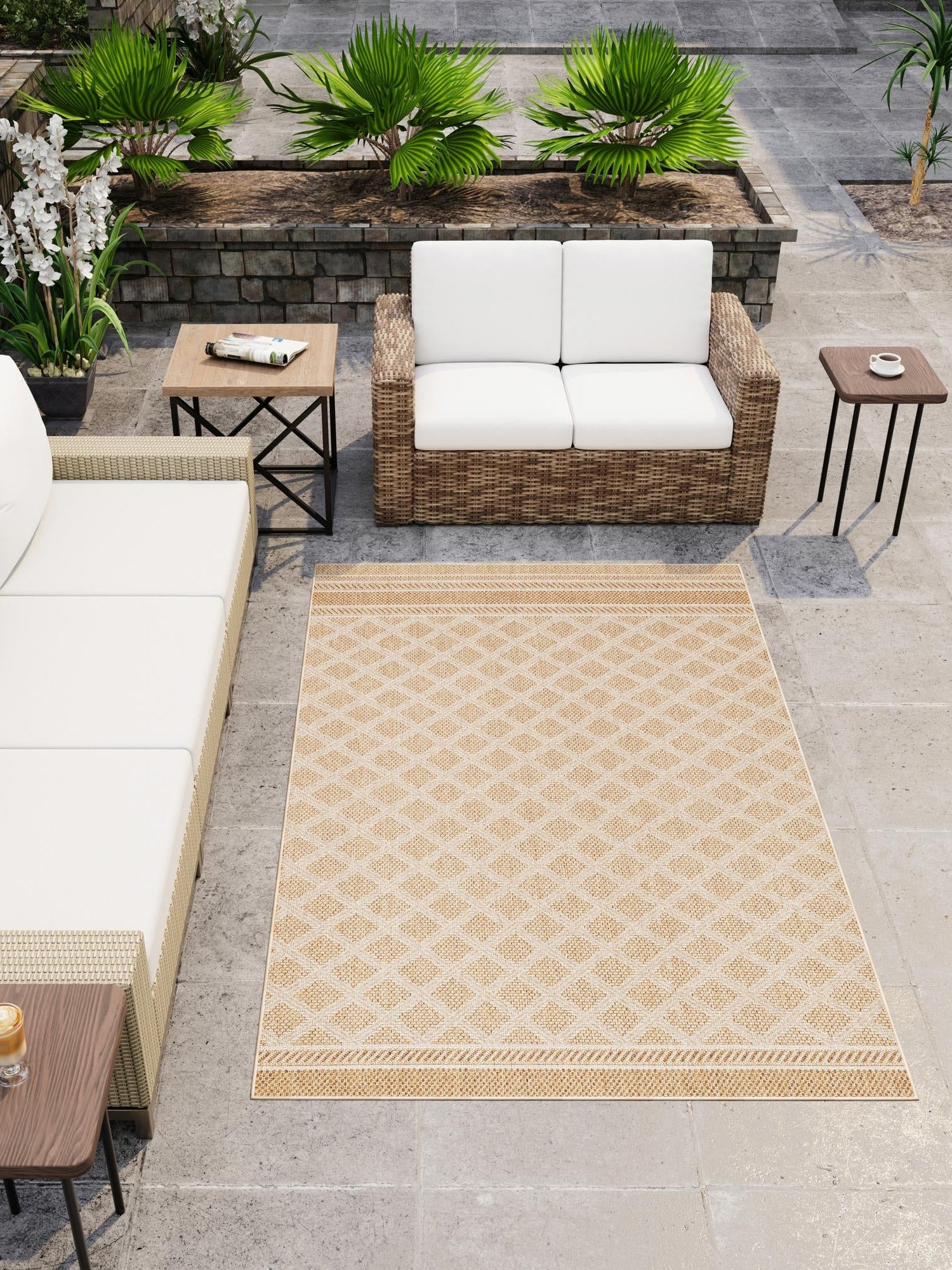 Natural 10' x 14' 1 Outdoor Trellis Rectangle Area Rug Weather Resistant for Patio, Deck, Terrace, Balcony, Porch Geometric Design Water Safe Outside Carpet for Sale at Rug Engine