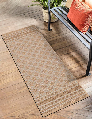 Natural 2' 7 x 12' Outdoor Trellis Runner Area Rug Weather Resistant for Patio, Deck, Terrace, Balcony, Porch Geometric Design Water Safe Outside Carpet for Sale at Rug Engine