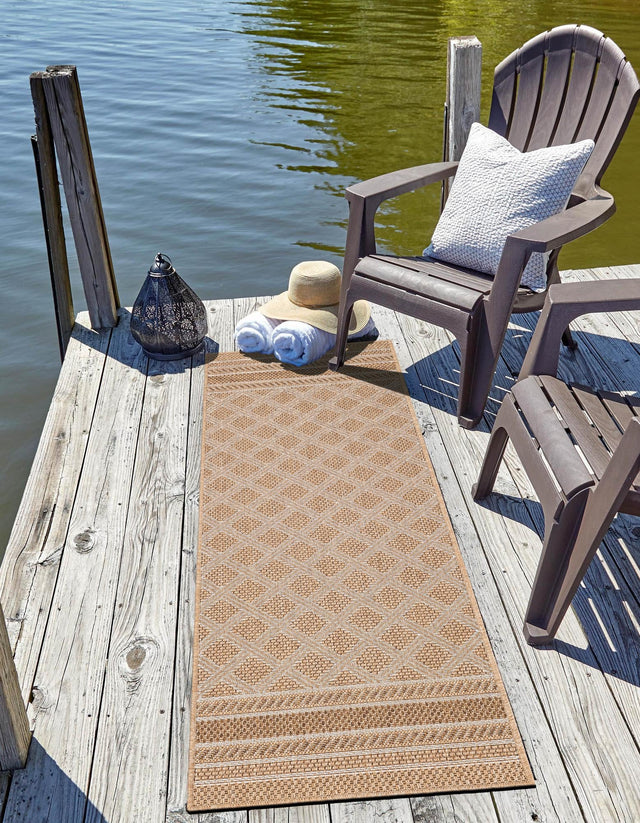 Natural 2' 7 x 12' Outdoor Trellis Runner Area Rug Weather Resistant for Patio, Deck, Terrace, Balcony, Porch Geometric Design Water Safe Outside Carpet for Sale at Rug Engine