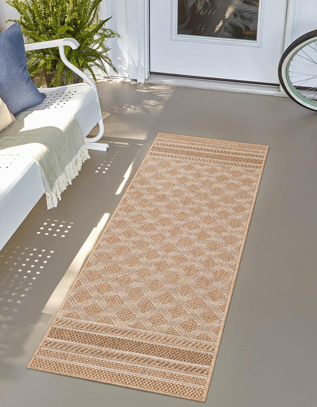 Natural 2' x 6' 1 Outdoor Trellis Runner Area Rug Weather Resistant for Patio, Deck, Terrace, Balcony, Porch Geometric Design Water Safe Outside Carpet for Sale at Rug Engine