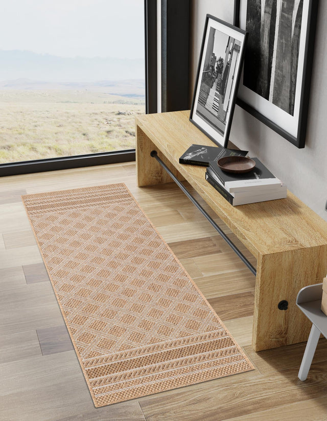 Natural 2' x 8' Outdoor Trellis Runner Area Rug Weather Resistant for Patio, Deck, Terrace, Balcony, Porch Geometric Design Water Safe Outside Carpet for Sale at Rug Engine