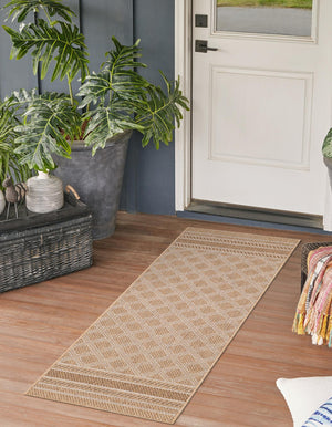 Natural 2' x 6' 1 Outdoor Trellis Runner Area Rug Weather Resistant for Patio, Deck, Terrace, Balcony, Porch Geometric Design Water Safe Outside Carpet for Sale at Rug Engine