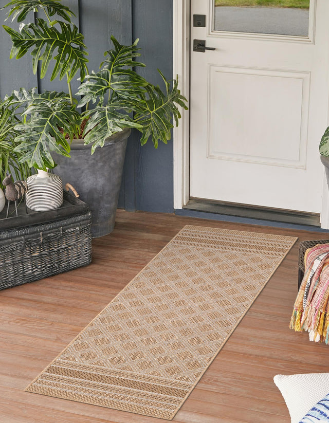 Natural 2' x 6' 1 Outdoor Trellis Runner Area Rug Weather Resistant for Patio, Deck, Terrace, Balcony, Porch Geometric Design Water Safe Outside Carpet for Sale at Rug Engine