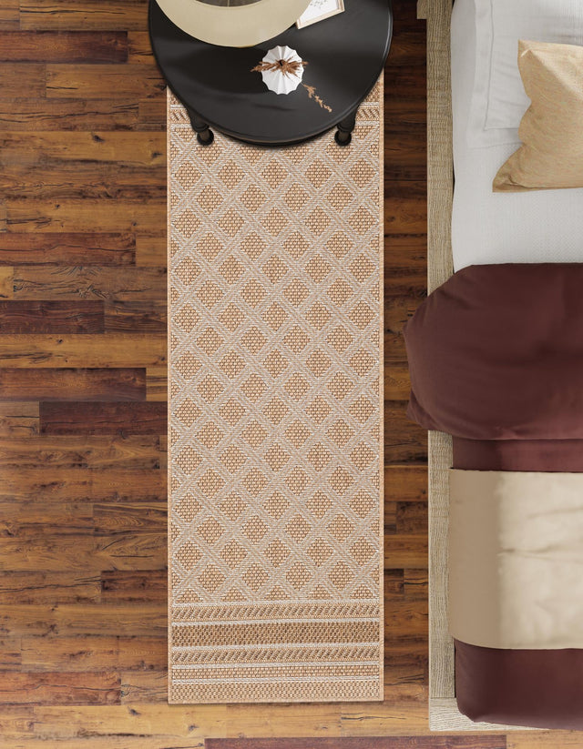 Natural 2' x 6' 1 Outdoor Trellis Runner Area Rug Weather Resistant for Patio, Deck, Terrace, Balcony, Porch Geometric Design Water Safe Outside Carpet for Sale at Rug Engine