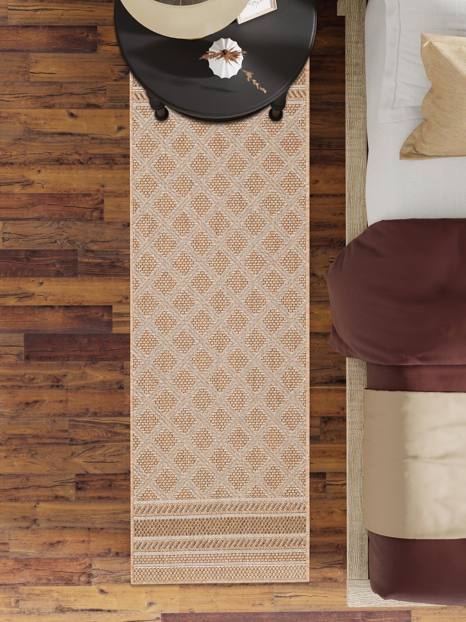 Natural 2' x 8' Outdoor Trellis Runner Area Rug Weather Resistant for Patio, Deck, Terrace, Balcony, Porch Geometric Design Water Safe Outside Carpet for Sale at Rug Engine