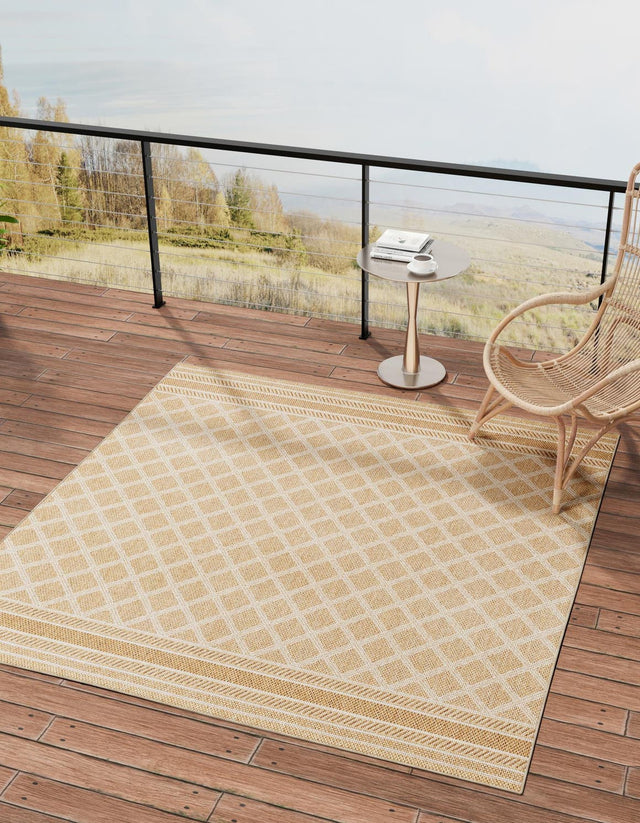 Natural 5' 1 x 5' 1 Outdoor Trellis Square Area Rug Weather Resistant for Patio, Deck, Terrace, Balcony, Porch Geometric Design Water Safe Outside Carpet for Sale at Rug Engine