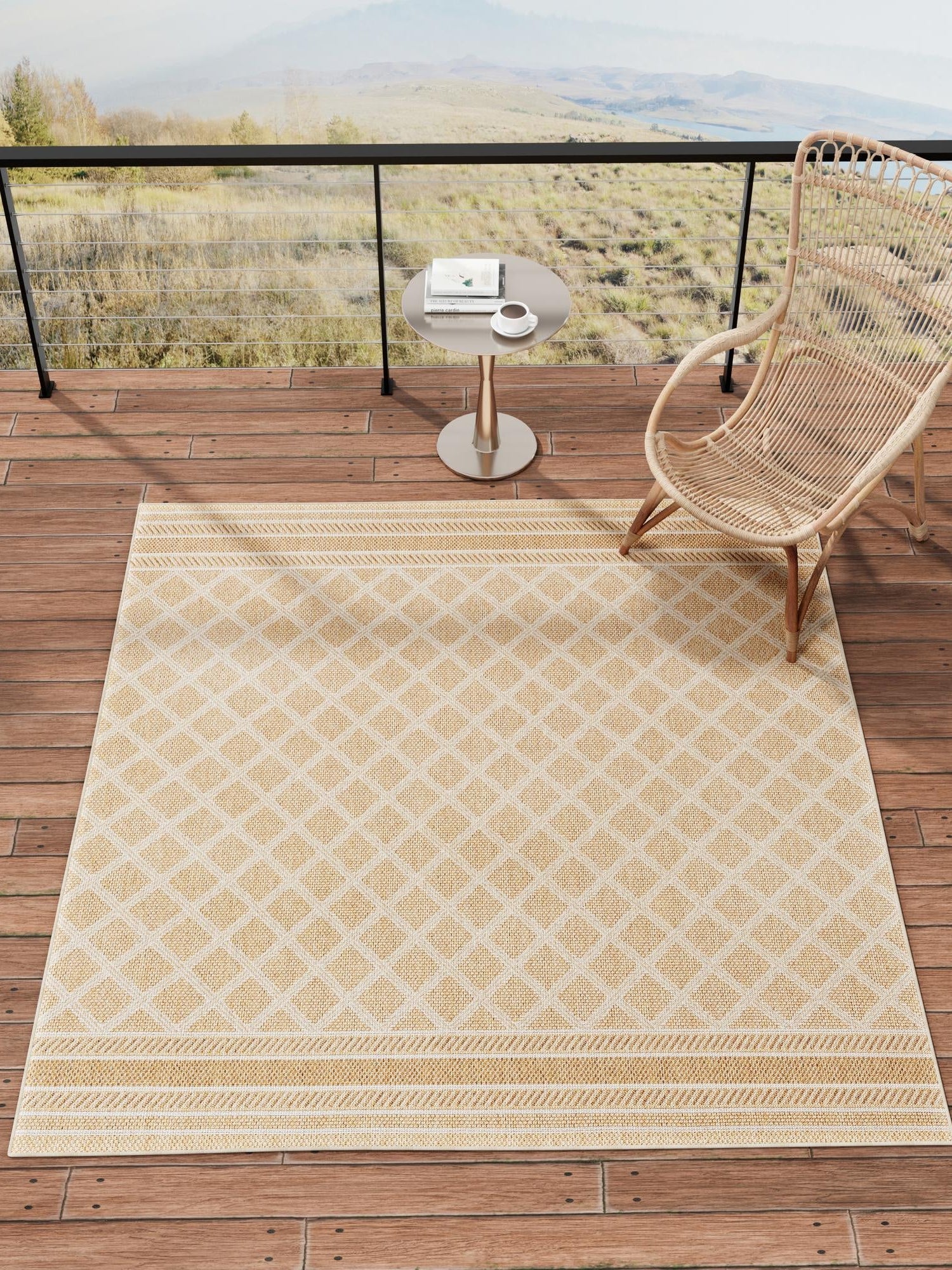 Natural 10' x 10' Outdoor Trellis Square Area Rug Weather Resistant for Patio, Deck, Terrace, Balcony, Porch Geometric Design Water Safe Outside Carpet for Sale at Rug Engine