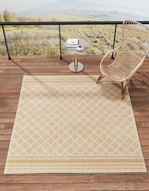 Natural 5' 1 x 5' 1 Outdoor Trellis Square Area Rug Weather Resistant for Patio, Deck, Terrace, Balcony, Porch Geometric Design Water Safe Outside Carpet for Sale at Rug Engine