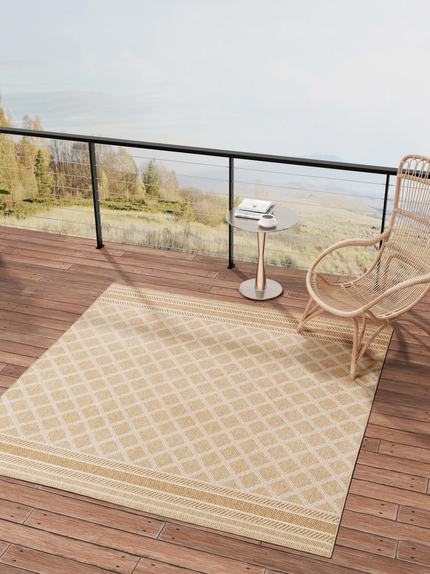Natural 5' 1 x 5' 1 Outdoor Trellis Square Area Rug Weather Resistant for Patio, Deck, Terrace, Balcony, Porch Geometric Design Water Safe Outside Carpet for Sale at Rug Engine