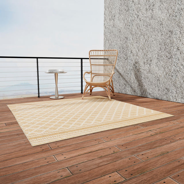 Natural 7' 10 x 7' 10 Outdoor Trellis Square Area Rug Weather Resistant for Patio, Deck, Terrace, Balcony, Porch Geometric Design Water Safe Outside Carpet for Sale at Rug Engine