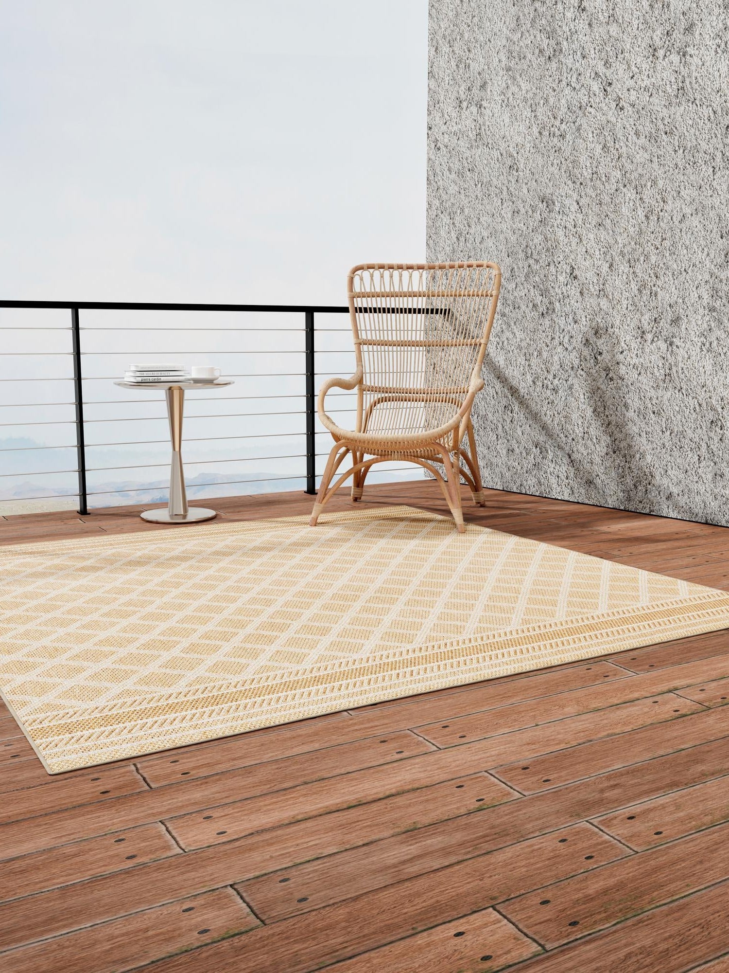 Natural 5' 1 x 5' 1 Outdoor Trellis Square Area Rug Weather Resistant for Patio, Deck, Terrace, Balcony, Porch Geometric Design Water Safe Outside Carpet for Sale at Rug Engine
