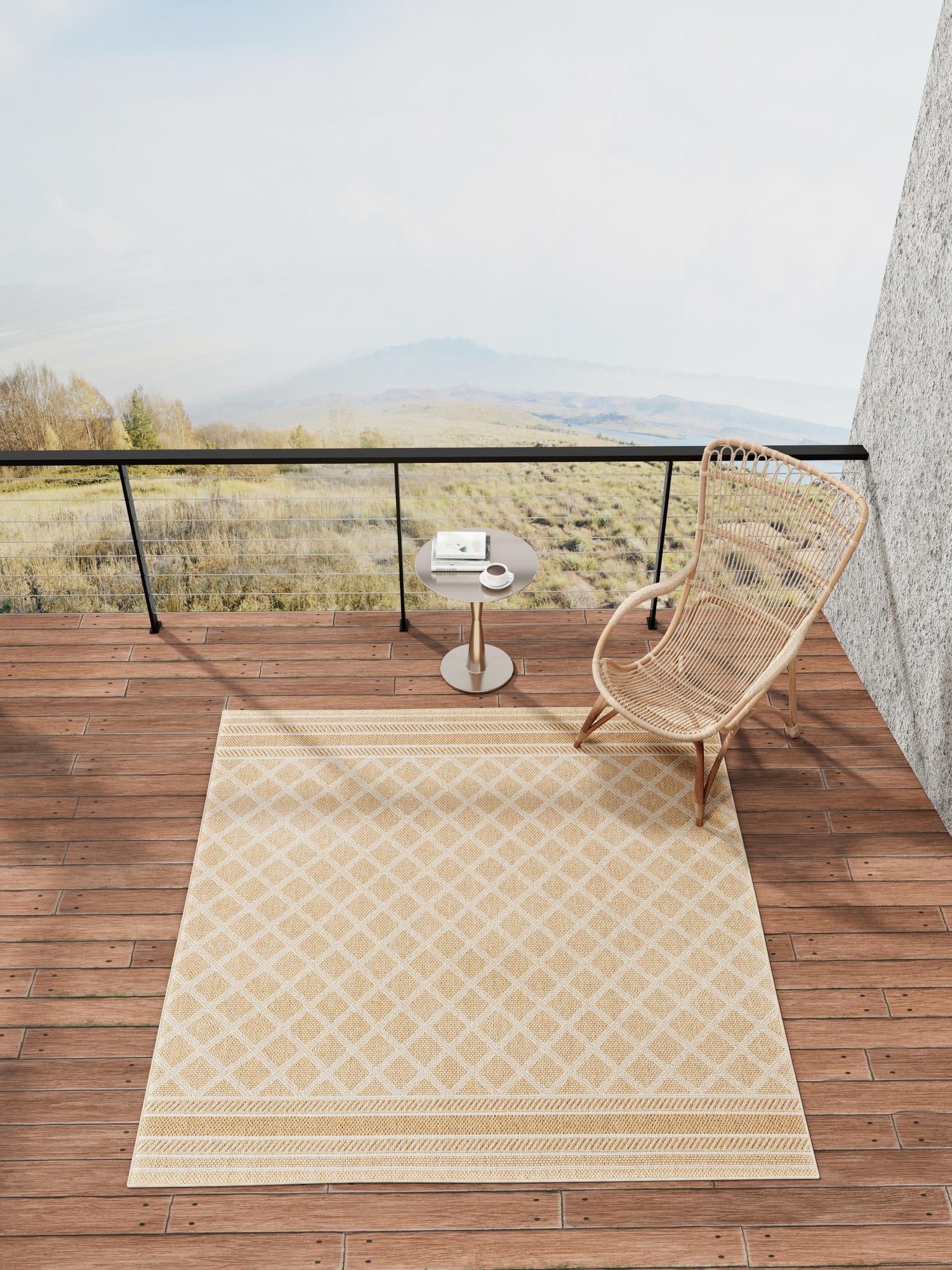 Natural 5' 1 x 5' 1 Outdoor Trellis Square Area Rug Weather Resistant for Patio, Deck, Terrace, Balcony, Porch Geometric Design Water Safe Outside Carpet for Sale at Rug Engine