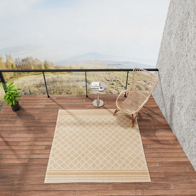 Natural 5' 1 x 5' 1 Outdoor Trellis Square Area Rug Weather Resistant for Patio, Deck, Terrace, Balcony, Porch Geometric Design Water Safe Outside Carpet for Sale at Rug Engine