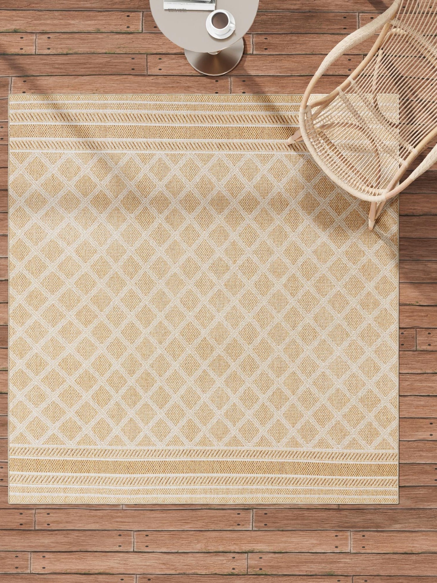 Natural 5' 1 x 5' 1 Outdoor Trellis Square Area Rug Weather Resistant for Patio, Deck, Terrace, Balcony, Porch Geometric Design Water Safe Outside Carpet for Sale at Rug Engine