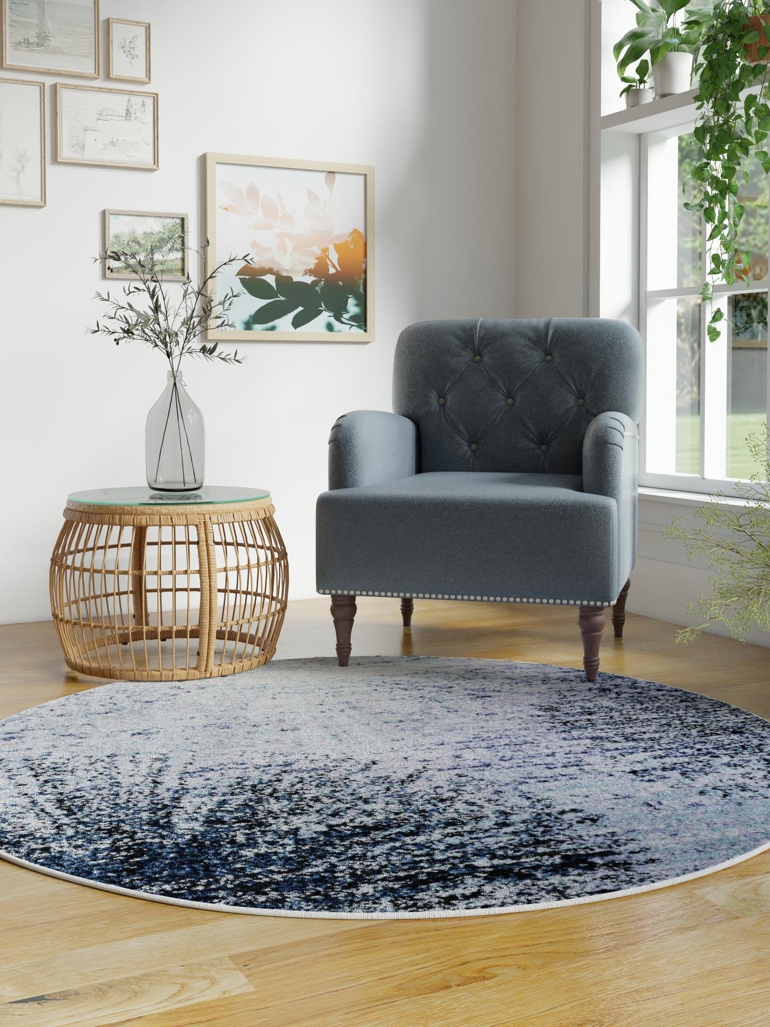 Blue and Gray 3' 1 x 3' 1 Tucson Round Area Rug 100% Polyester Unique Modern Carpet for Dining Rooms, Living Room, Bedrooms, Office Space for Sale at Rug Engine