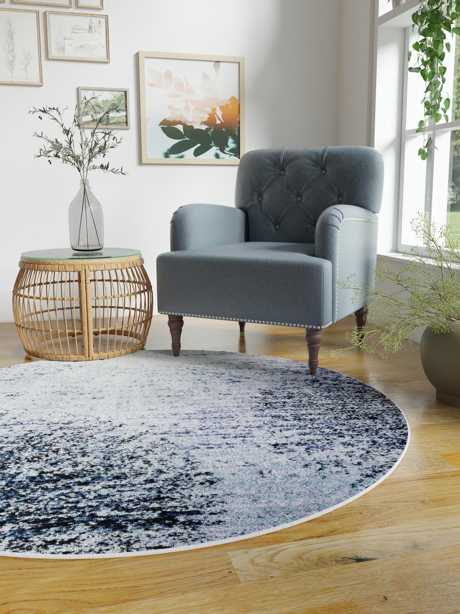 Blue and Gray 3' 1 x 3' 1 Tucson Round Area Rug 100% Polyester Unique Modern Carpet for Dining Rooms, Living Room, Bedrooms, Office Space for Sale at Rug Engine