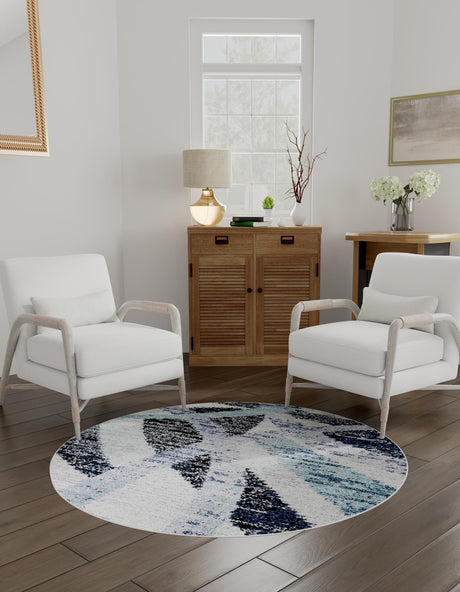 Gray and Ivory 7' 10 x 7' 10 Tucson Round Area Rug 100% Polyester Unique Modern Carpet for Dining Rooms, Living Room, Bedrooms, Office Space for Sale at Rug Engine