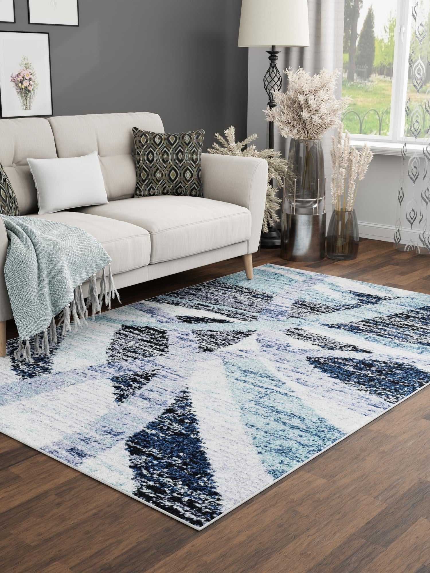 Gray and Ivory 4' 1 x 6' 1 Tucson Rectangle Area Rug 100% Polyester Unique Modern Carpet for Dining Rooms, Living Room, Bedrooms, Office Space for Sale at Rug Engine