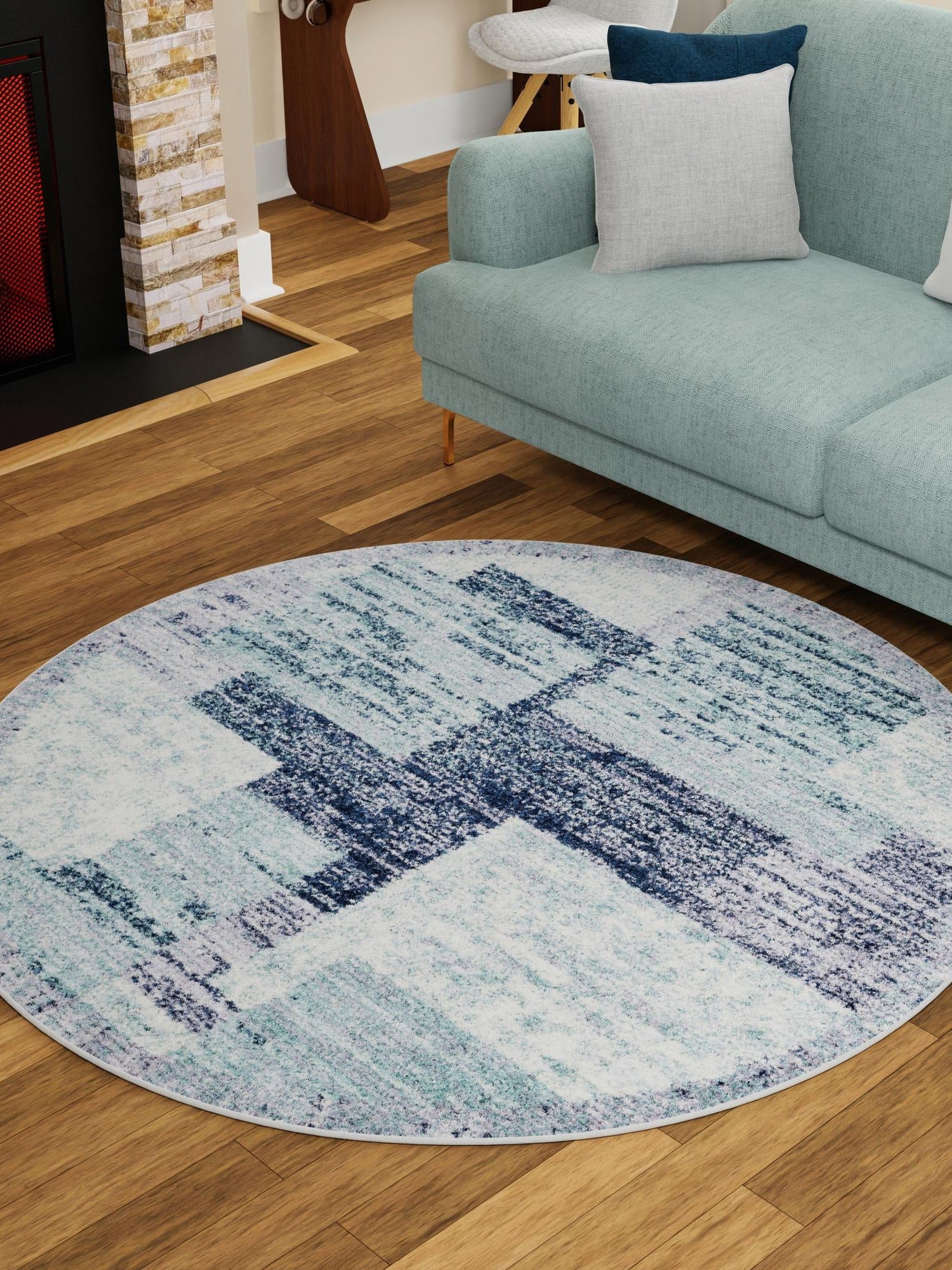 Blue and Gray 5' 3 x 5' 3 Tucson Round Area Rug 100% Polyester Unique Modern Carpet for Dining Rooms, Living Room, Bedrooms, Office Space for Sale at Rug Engine