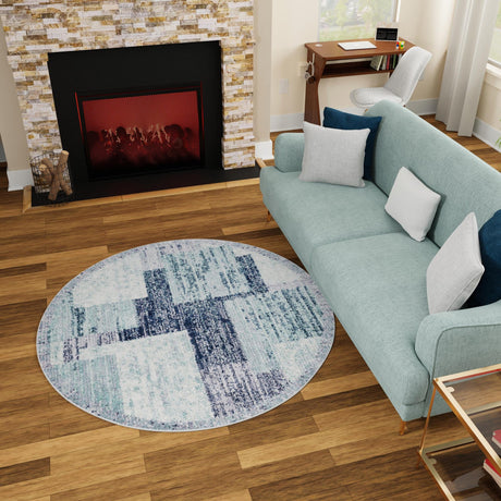 Blue and Gray 7' 10 x 7' 10 Tucson Round Area Rug 100% Polyester Unique Modern Carpet for Dining Rooms, Living Room, Bedrooms, Office Space for Sale at Rug Engine