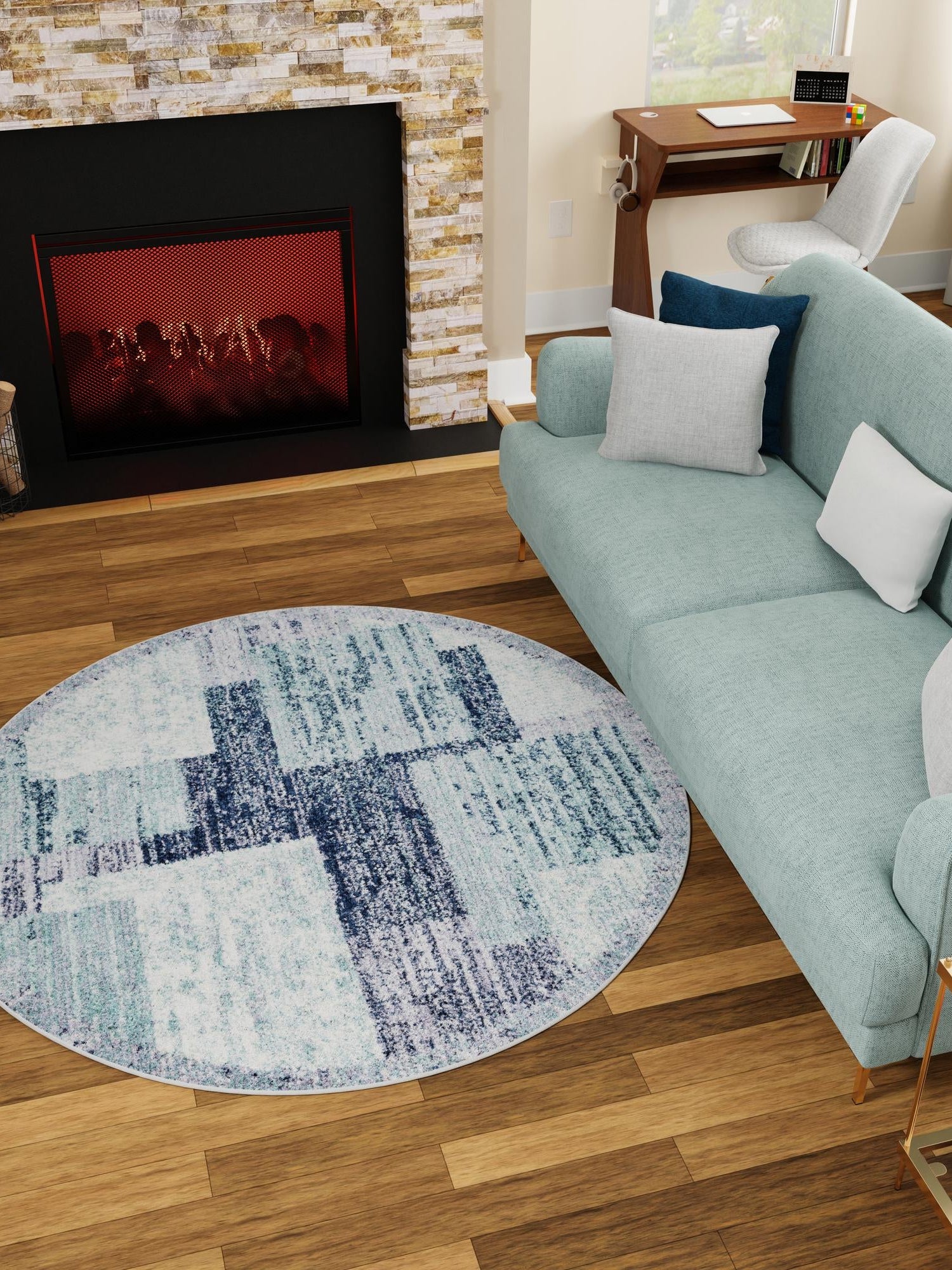 Blue and Gray 5' 3 x 5' 3 Tucson Round Area Rug 100% Polyester Unique Modern Carpet for Dining Rooms, Living Room, Bedrooms, Office Space for Sale at Rug Engine