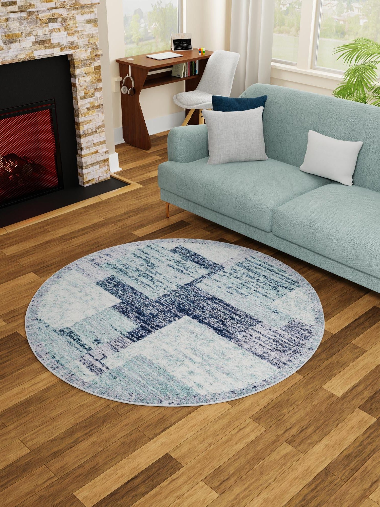 Blue and Gray 5' 3 x 5' 3 Tucson Round Area Rug 100% Polyester Unique Modern Carpet for Dining Rooms, Living Room, Bedrooms, Office Space for Sale at Rug Engine