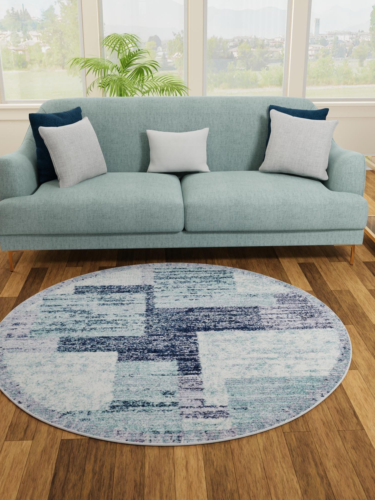 Blue and Gray 5' 3 x 5' 3 Tucson Round Area Rug 100% Polyester Unique Modern Carpet for Dining Rooms, Living Room, Bedrooms, Office Space for Sale at Rug Engine