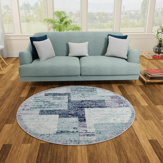 Blue and Gray 5' 3 x 5' 3 Tucson Round Area Rug 100% Polyester Unique Modern Carpet for Dining Rooms, Living Room, Bedrooms, Office Space for Sale at Rug Engine