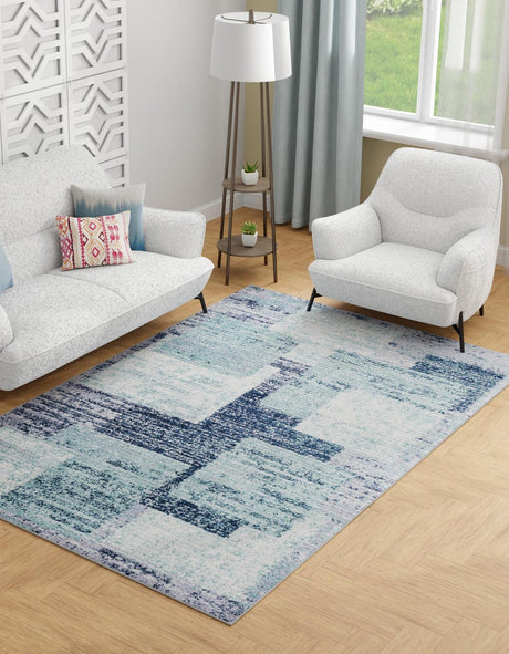 Blue and Gray 9' x 12' Tucson Rectangle Area Rug 100% Polyester Unique Modern Carpet for Dining Rooms, Living Room, Bedrooms, Office Space for Sale at Rug Engine