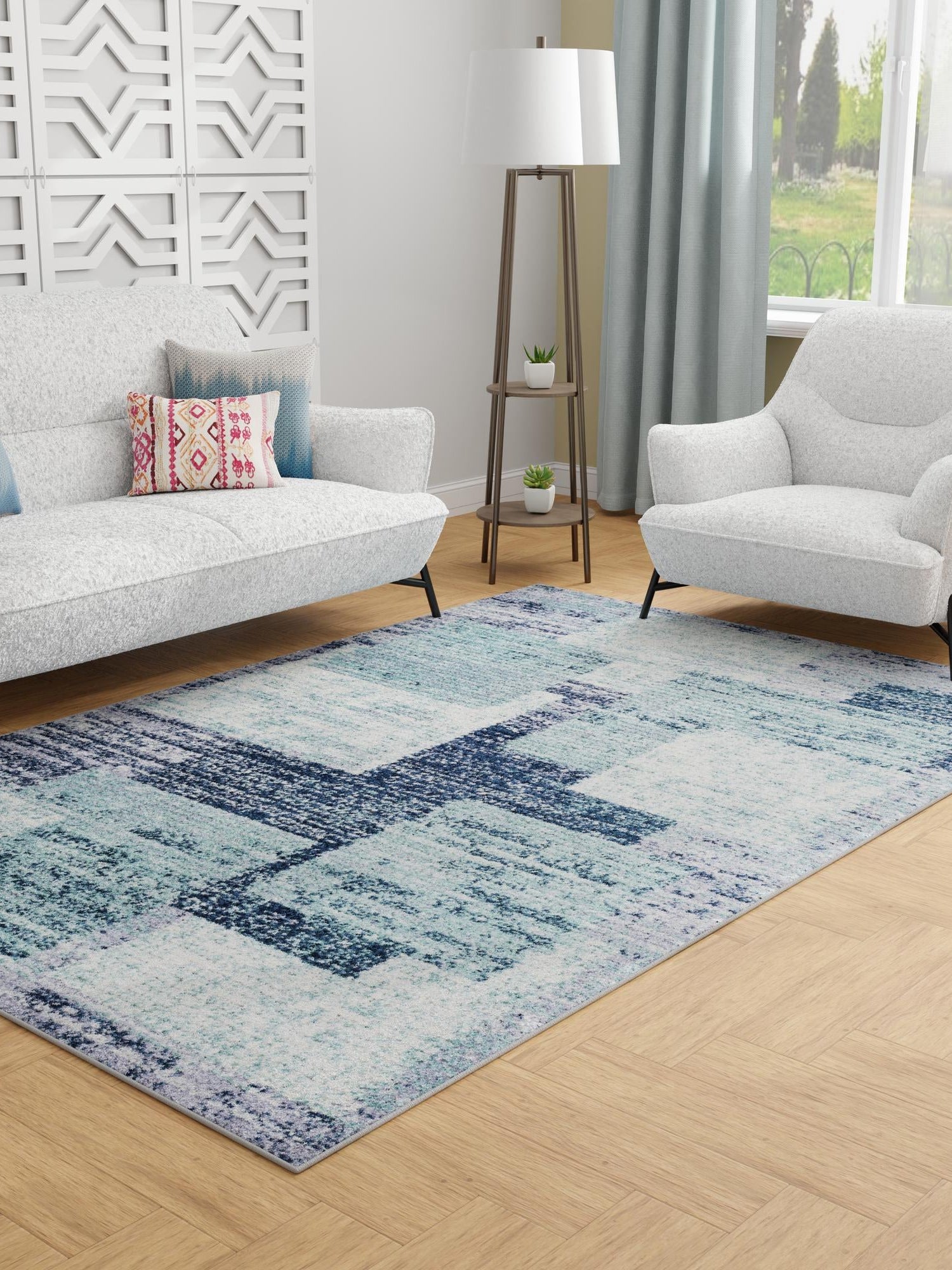 Blue and Gray 4' 1 x 6' 1 Tucson Rectangle Area Rug 100% Polyester Unique Modern Carpet for Dining Rooms, Living Room, Bedrooms, Office Space for Sale at Rug Engine