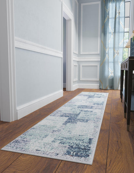 Blue and Gray 2' 7 x 12' Tucson Runner Area Rug 100% Polyester Unique Modern Carpet for Dining Rooms, Living Room, Bedrooms, Office Space for Sale at Rug Engine