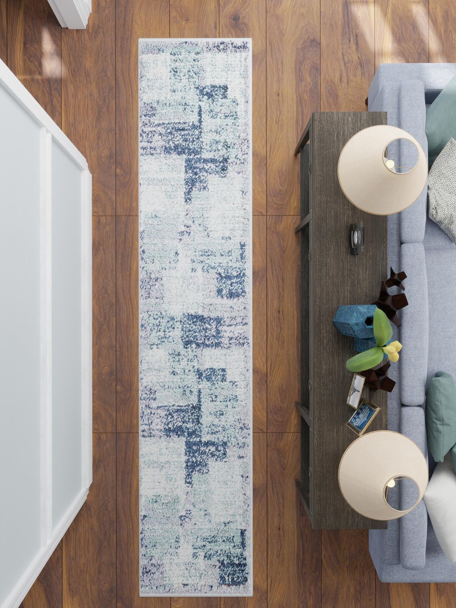 Blue and Gray 2' x 6' 1 Tucson Runner Area Rug 100% Polyester Unique Modern Carpet for Dining Rooms, Living Room, Bedrooms, Office Space for Sale at Rug Engine