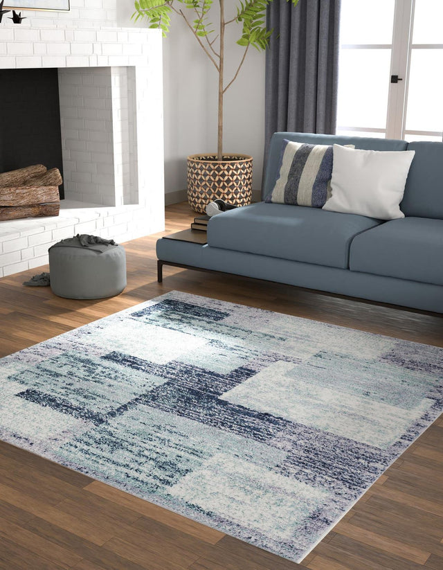 Blue and Gray 6' 1 x 6' 1 Tucson Square Area Rug 100% Polyester Unique Modern Carpet for Dining Rooms, Living Room, Bedrooms, Office Space for Sale at Rug Engine