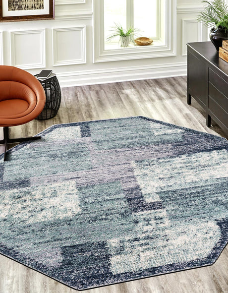 Blue and Gray 7' 1 x 7' 1 Tucson Octagon Area Rug 100% Polyester Unique Modern Carpet for Dining Rooms, Living Room, Bedrooms, Office Space for Sale at Rug Engine
