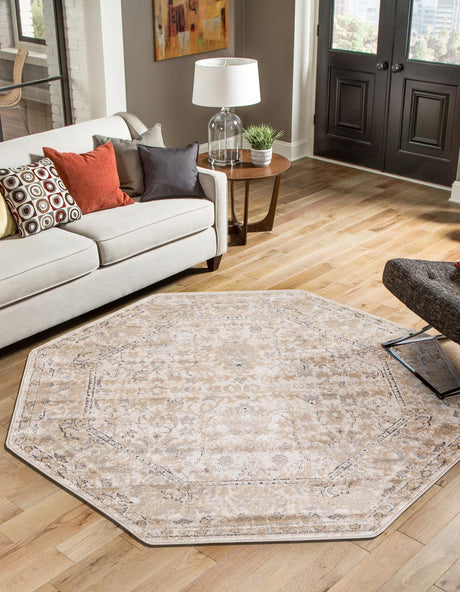 Ivory 5' 3 x 5' 3 Portland Octagon Area Rug 85% Polypropylene & 15% Polyester Vintage Distressed Traditional Carpet for Home Decor for Sale at Rug Engine