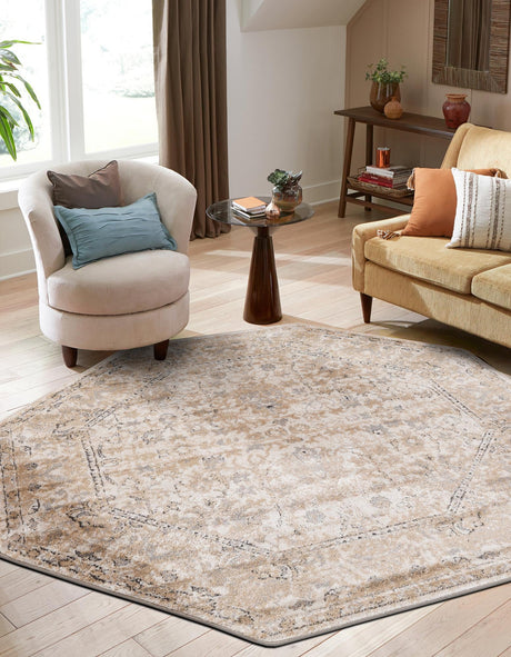 Ivory 5' 3 x 5' 3 Portland Octagon Area Rug 85% Polypropylene & 15% Polyester Vintage Distressed Traditional Carpet for Home Decor for Sale at Rug Engine