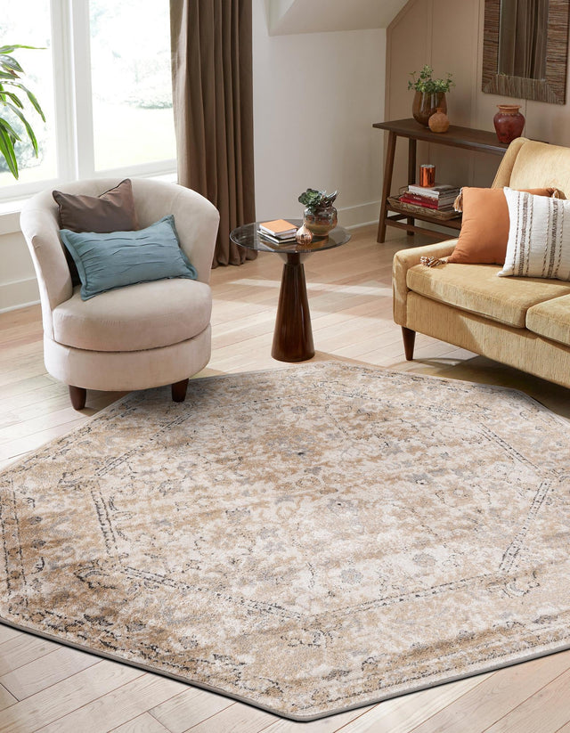 Ivory 5' 3 x 5' 3 Portland Octagon Area Rug 85% Polypropylene & 15% Polyester Vintage Distressed Traditional Carpet for Home Decor for Sale at Rug Engine