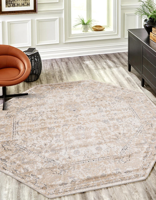 Ivory 5' 3 x 5' 3 Portland Octagon Area Rug 85% Polypropylene & 15% Polyester Vintage Distressed Traditional Carpet for Home Decor for Sale at Rug Engine