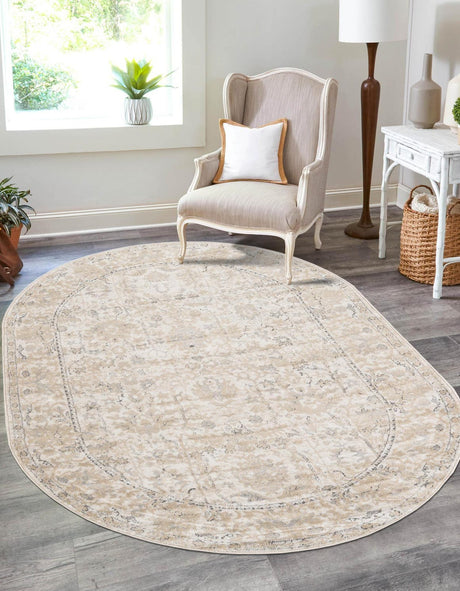 Ivory 7' 10 x 10' Portland Oval Area Rug 85% Polypropylene & 15% Polyester Vintage Distressed Traditional Carpet for Home Decor for Sale at Rug Engine